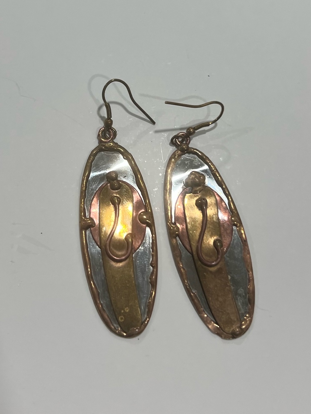 Mixed Metal Oval Drop Earrings - Gold, Silver, Copper